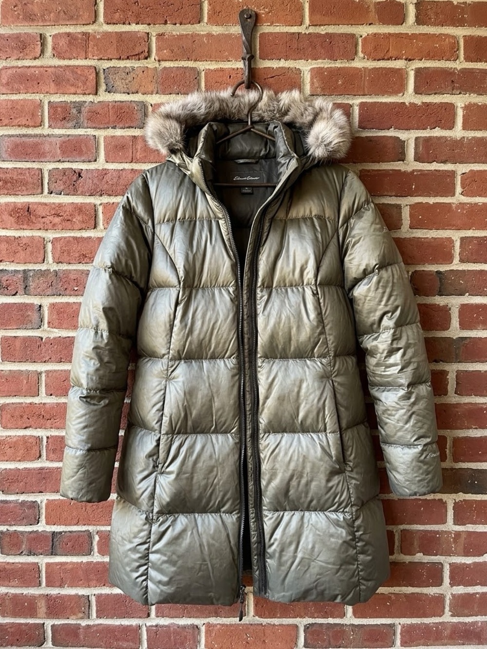 Eddie Bauer Sun Valley Metallic Olive Long Quilted Down Parka Detachable Hood